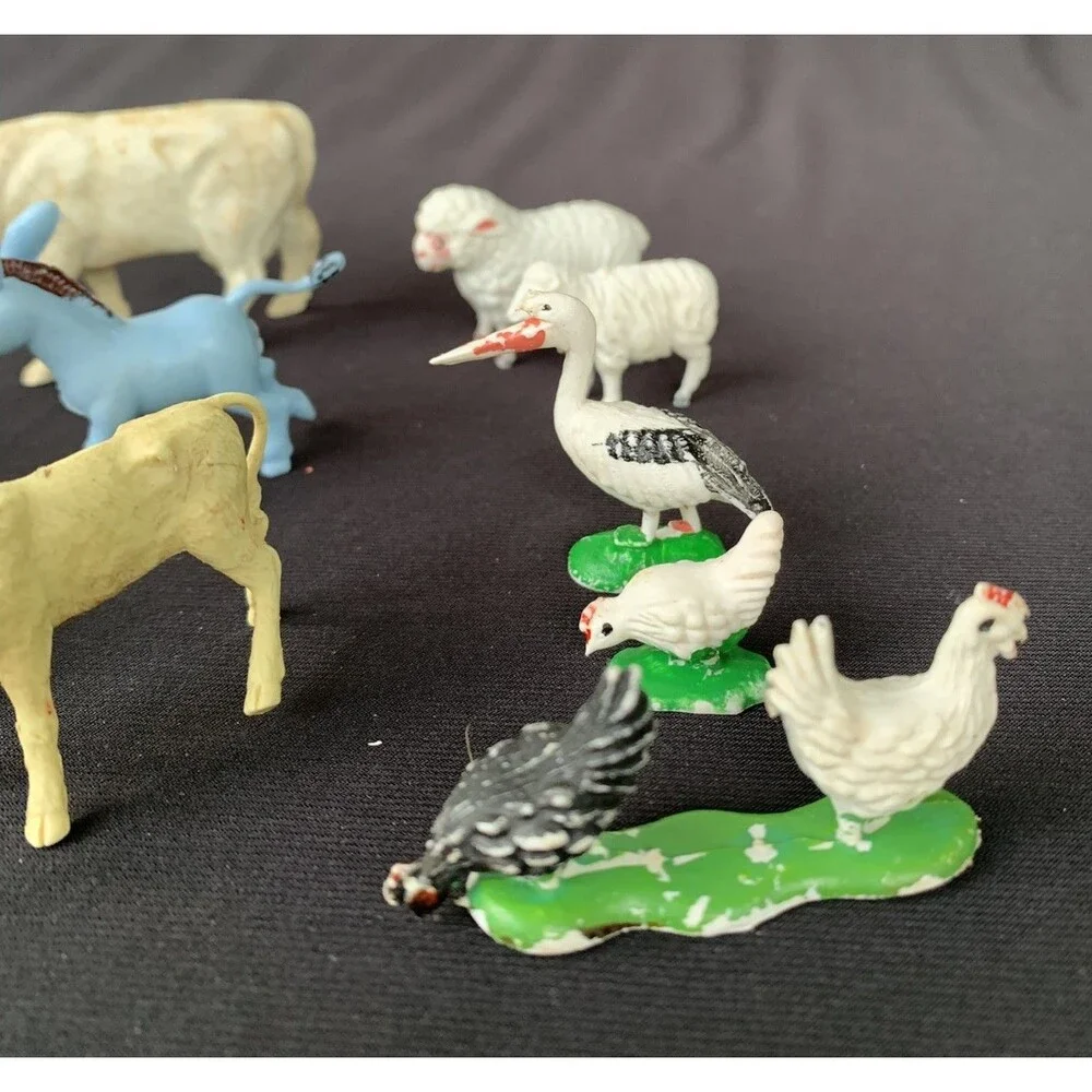 12 Vintage Plastic Farm Animals Cows Bulls Sheep Donkeys Hong Kong  Unmarked